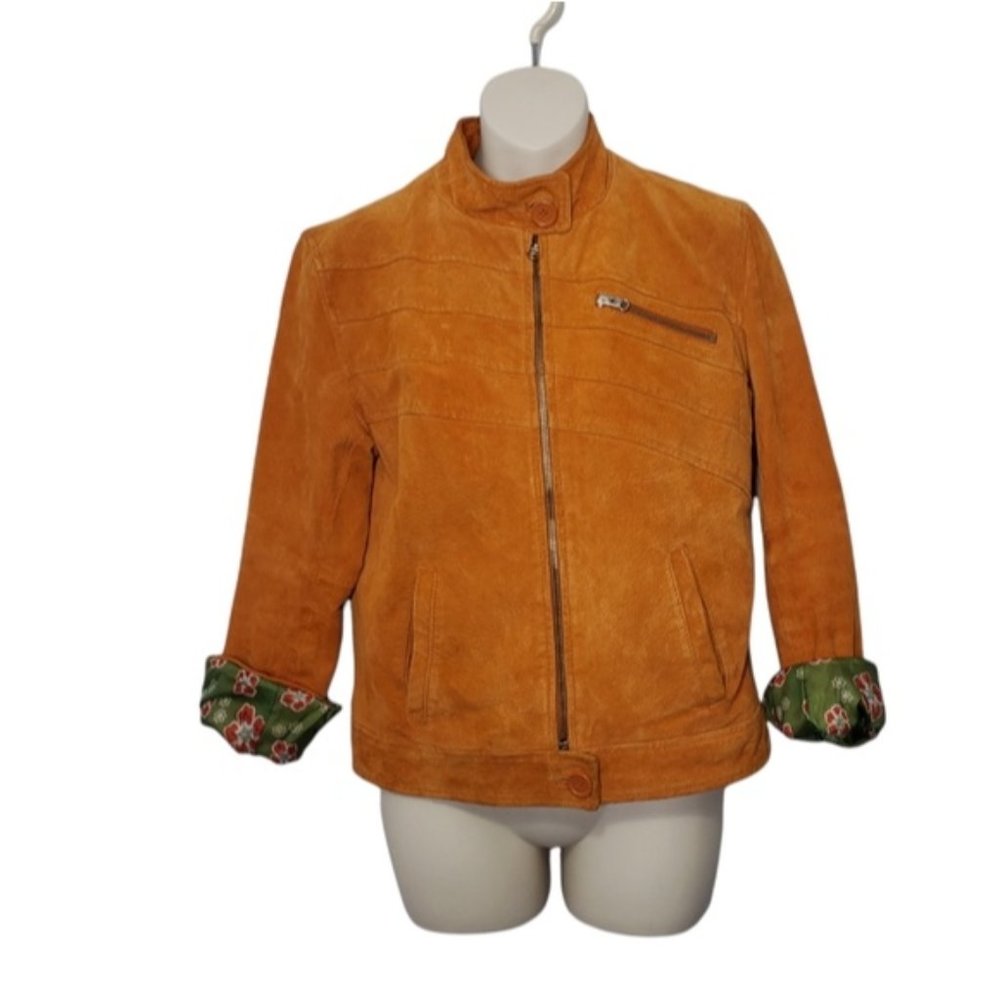 BUM EQUIPMENT vintage orange leather moto jacket with floral lining small